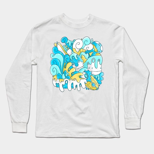 Cute Stormy Sea Whale Doodle Long Sleeve T-Shirt by Jamsey Doodles